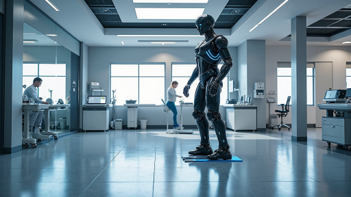 AI assistant robot, humanoid design, advanced sensors, interactive interface, modern technology